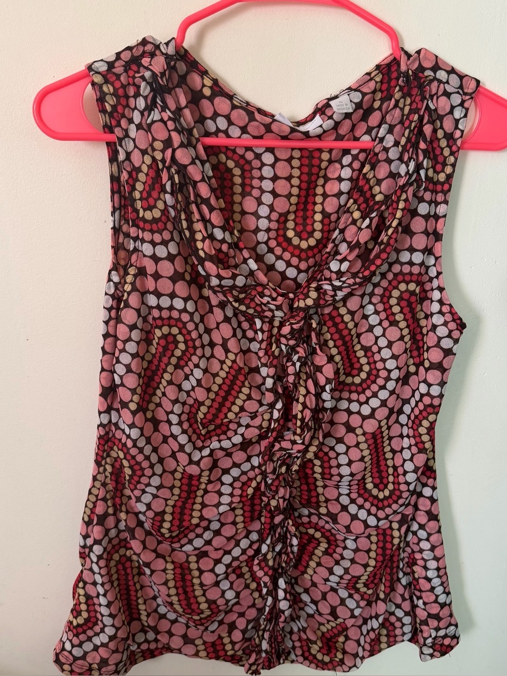 Sleeveless Pink Patterned Ruffle Front Women’s Top